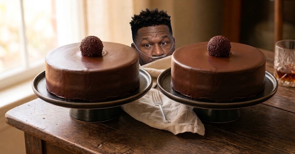 A face peering over a table between two identical chocolate cakes