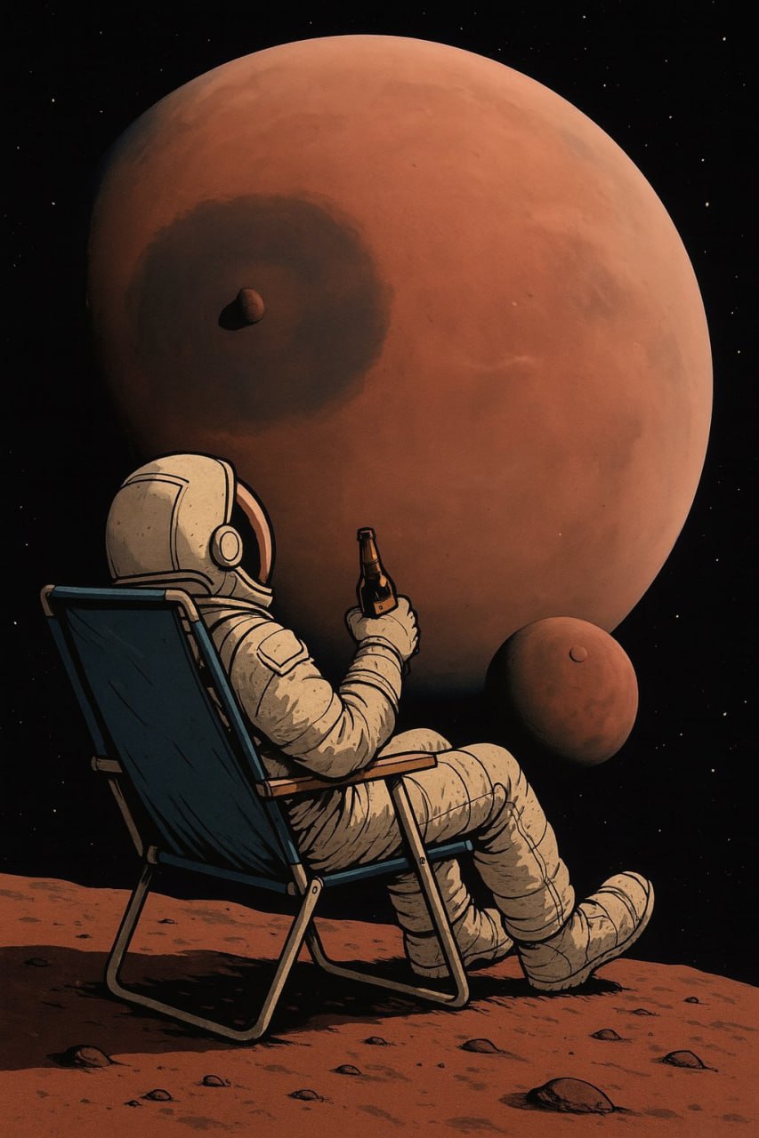 An astronaut in a lawn chair on Mars holding a drink and watching a planet rise