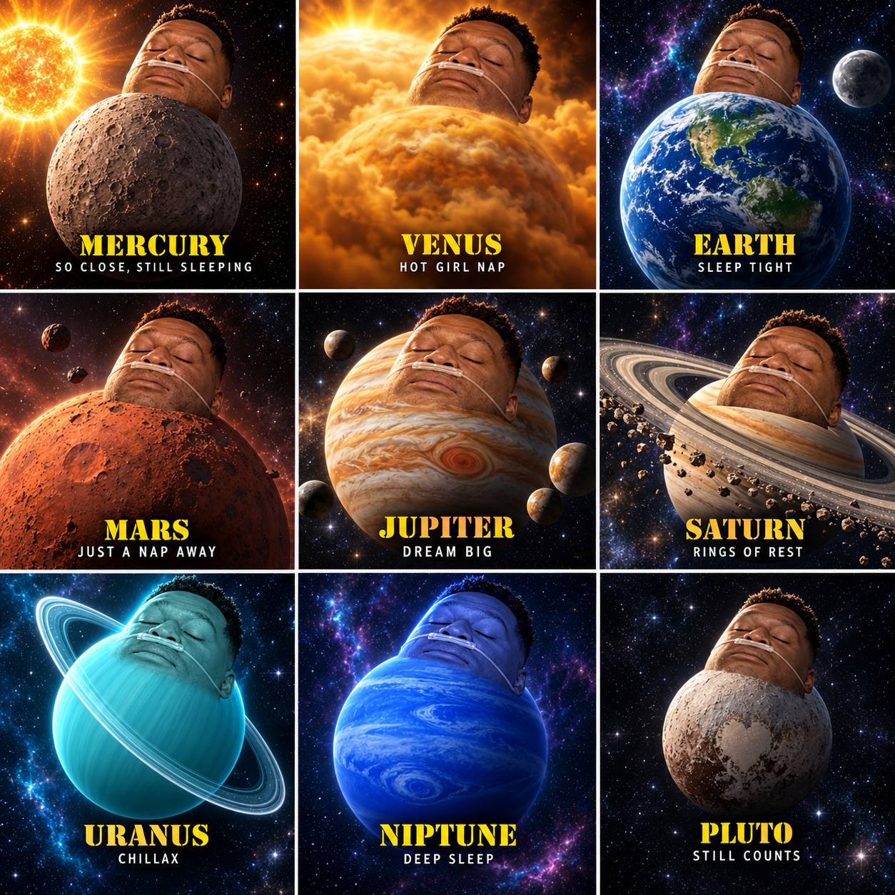 Grid of all nine planets in the Niptune system